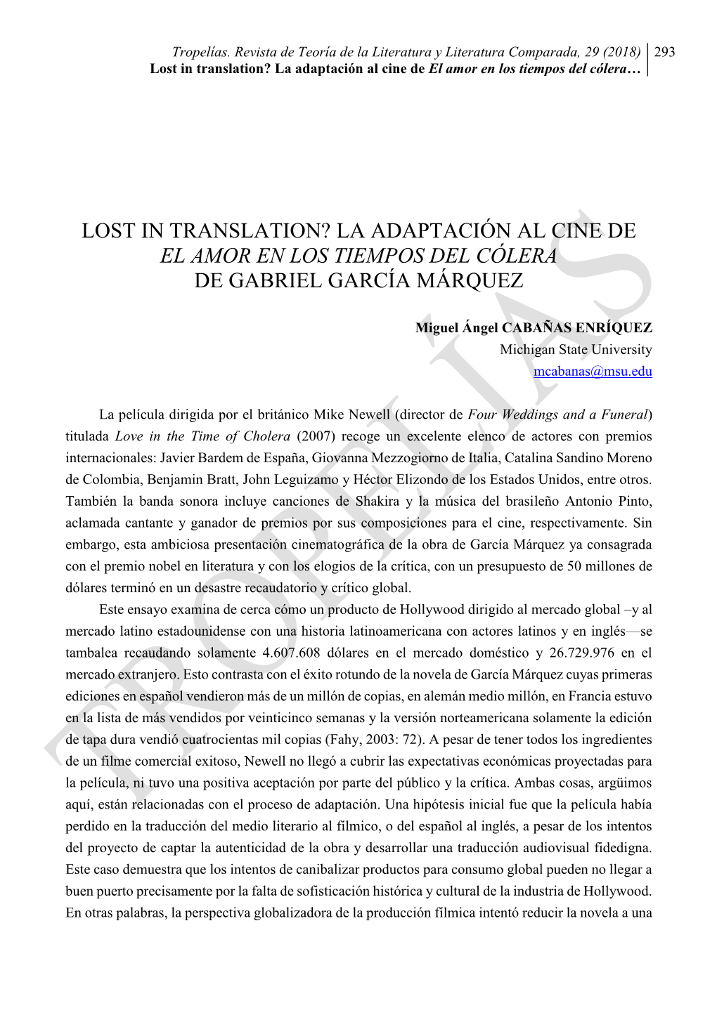 Lost in Translation? La Adaptación Al Cine De El Amor En Los Tiempos Del Cólera De Gabriel García Márquez