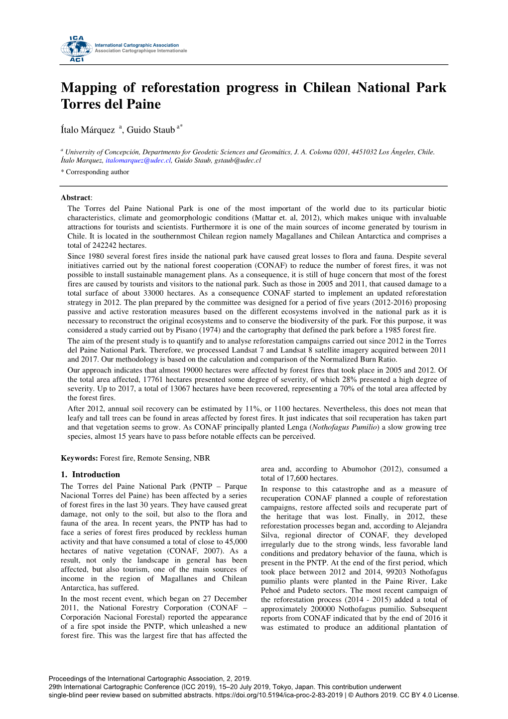 Mapping of Reforestation Progress in Chilean National Park Torres Del Paine