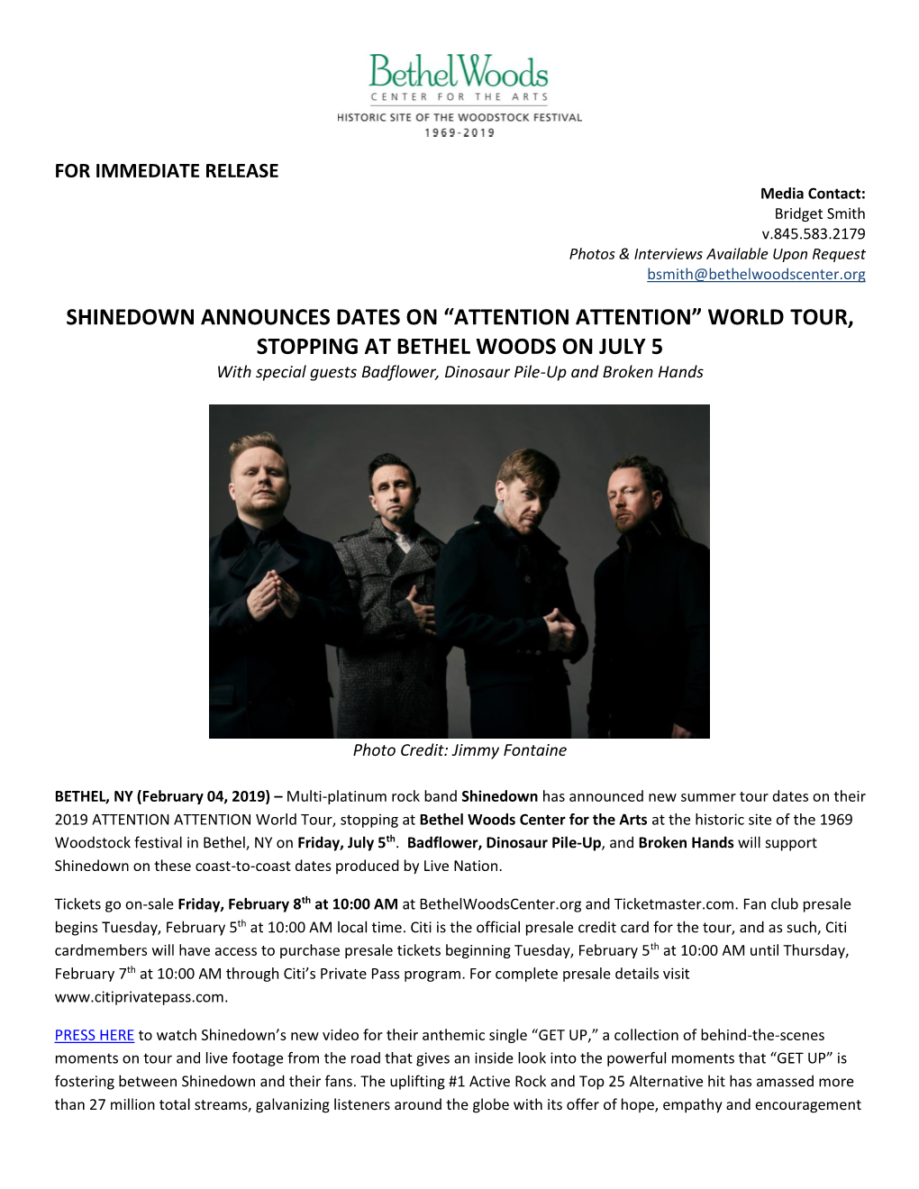 SHINEDOWN ANNOUNCES DATES on “ATTENTION ATTENTION” WORLD TOUR, STOPPING at BETHEL WOODS on JULY 5 with Special Guests Badflower, Dinosaur Pile-Up and Broken Hands