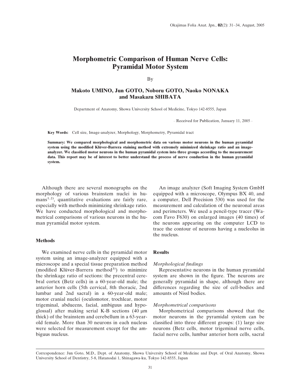 Morphometric Comparison of Human Nerve Cells: Pyramidal Motor System