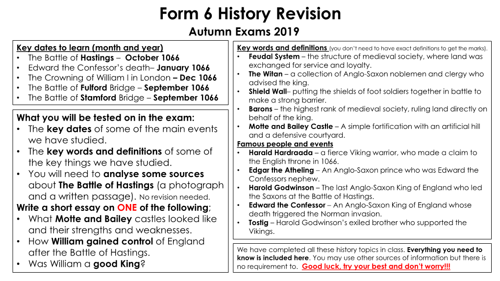 Form 6 History Revision Autumn Exams 2019