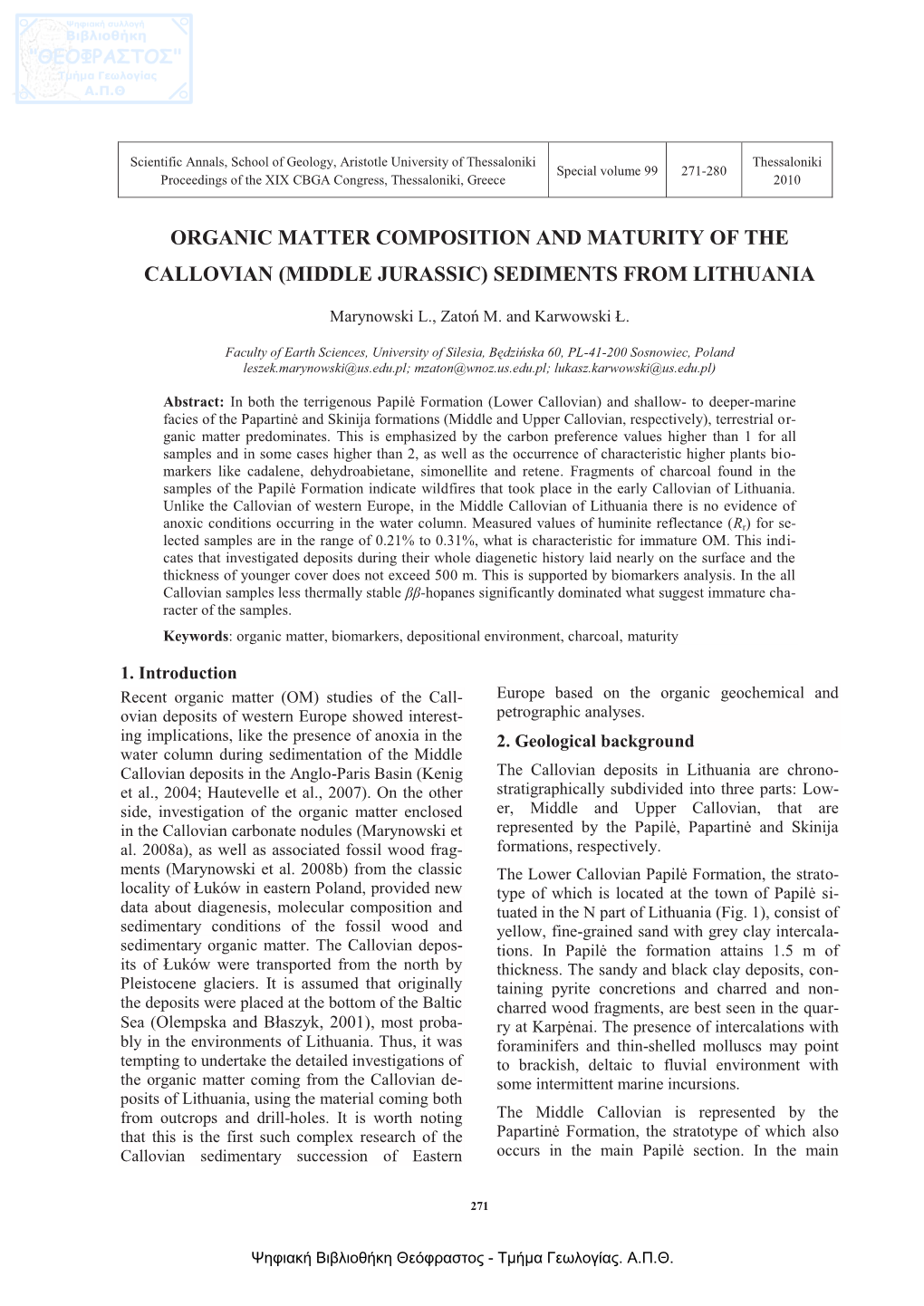 Organic Matter Composition and Maturity of the Callovian