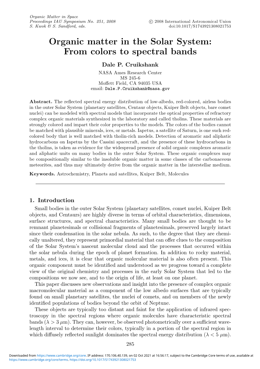 Organic Matter in the Solar System: from Colors to Spectral Bands Dale P