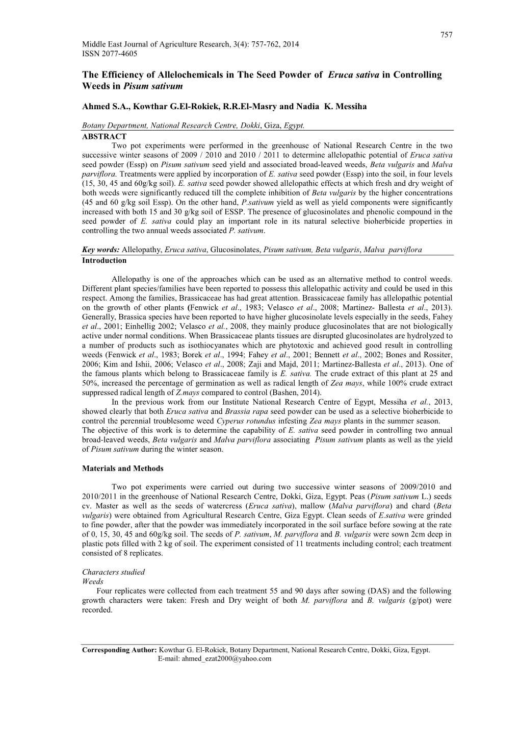 The Efficiency of Allelochemicals in the Seed Powder of Eruca Sativa in Controlling Weeds in Pisum Sativum