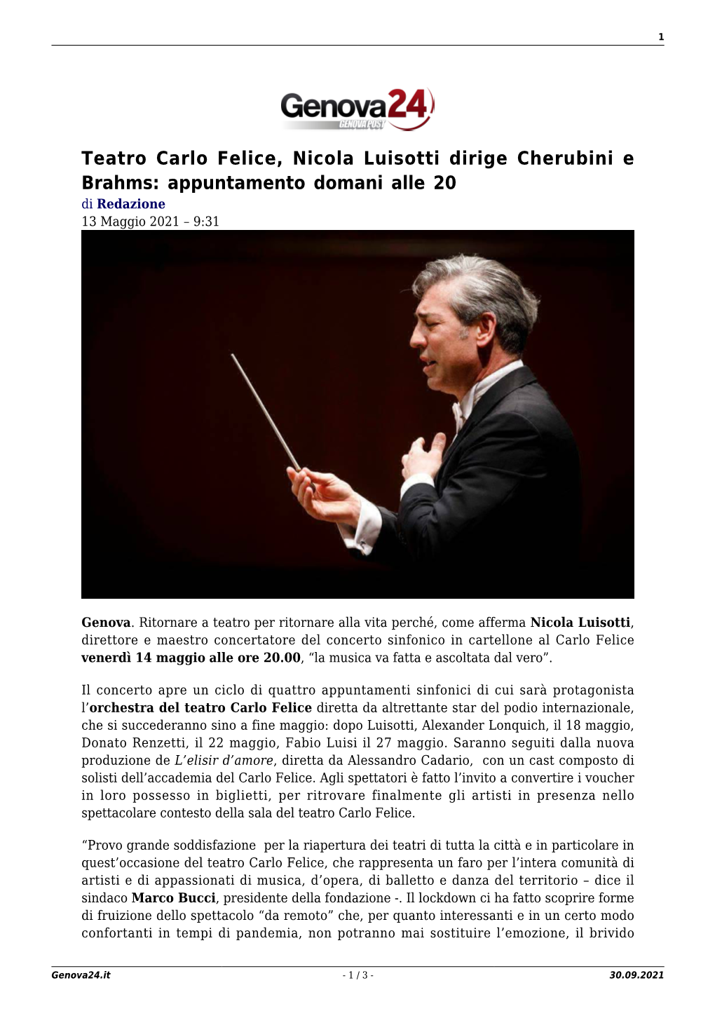 Teatro Carlo Felice, Nicola Luisotti Dirige Cherubini E Brahms: Appuntamento Domani Alle 20 Di Redazione 13 Maggio 2021 – 9:31