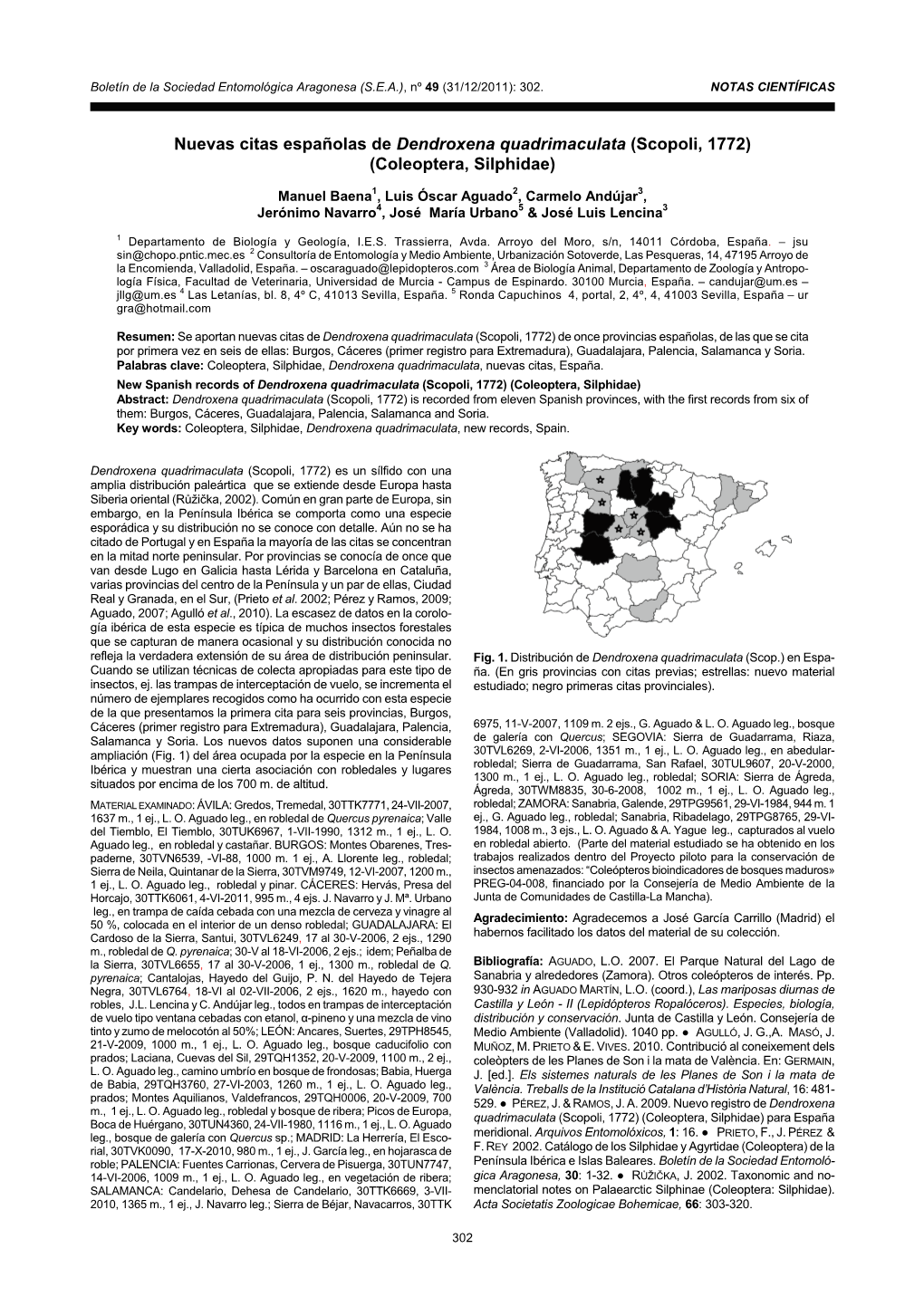 Nuevas Citas Españolas De Dendroxena Quadrimaculata (Scopoli, 1772) (Coleoptera, Silphidae)