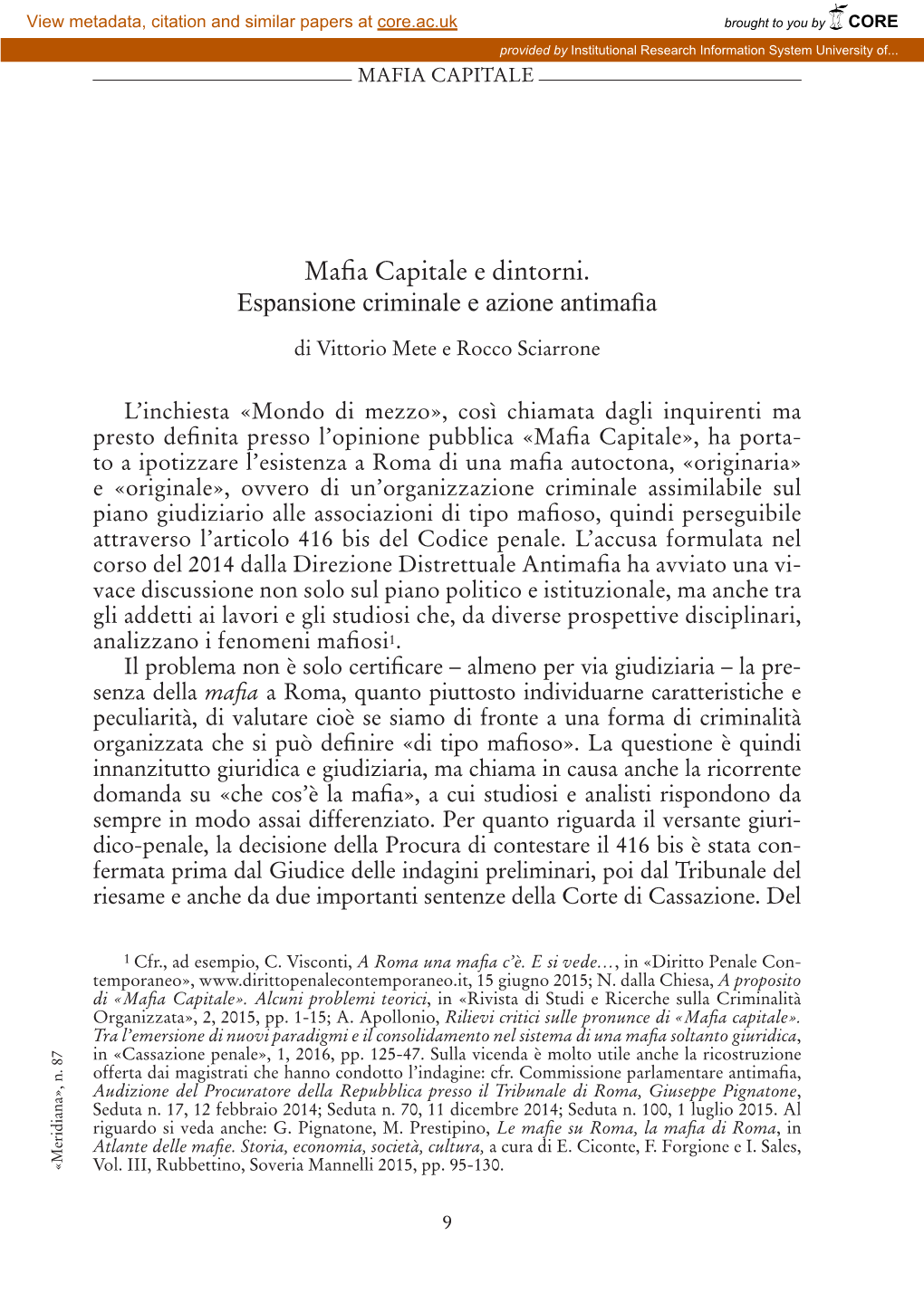 Mafia Capitale E Dintorni. Espansione Criminale E Azione Antimafia