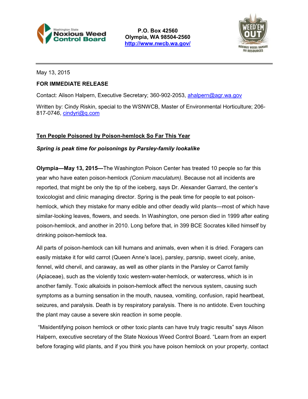 Poison Hemlock Press Release