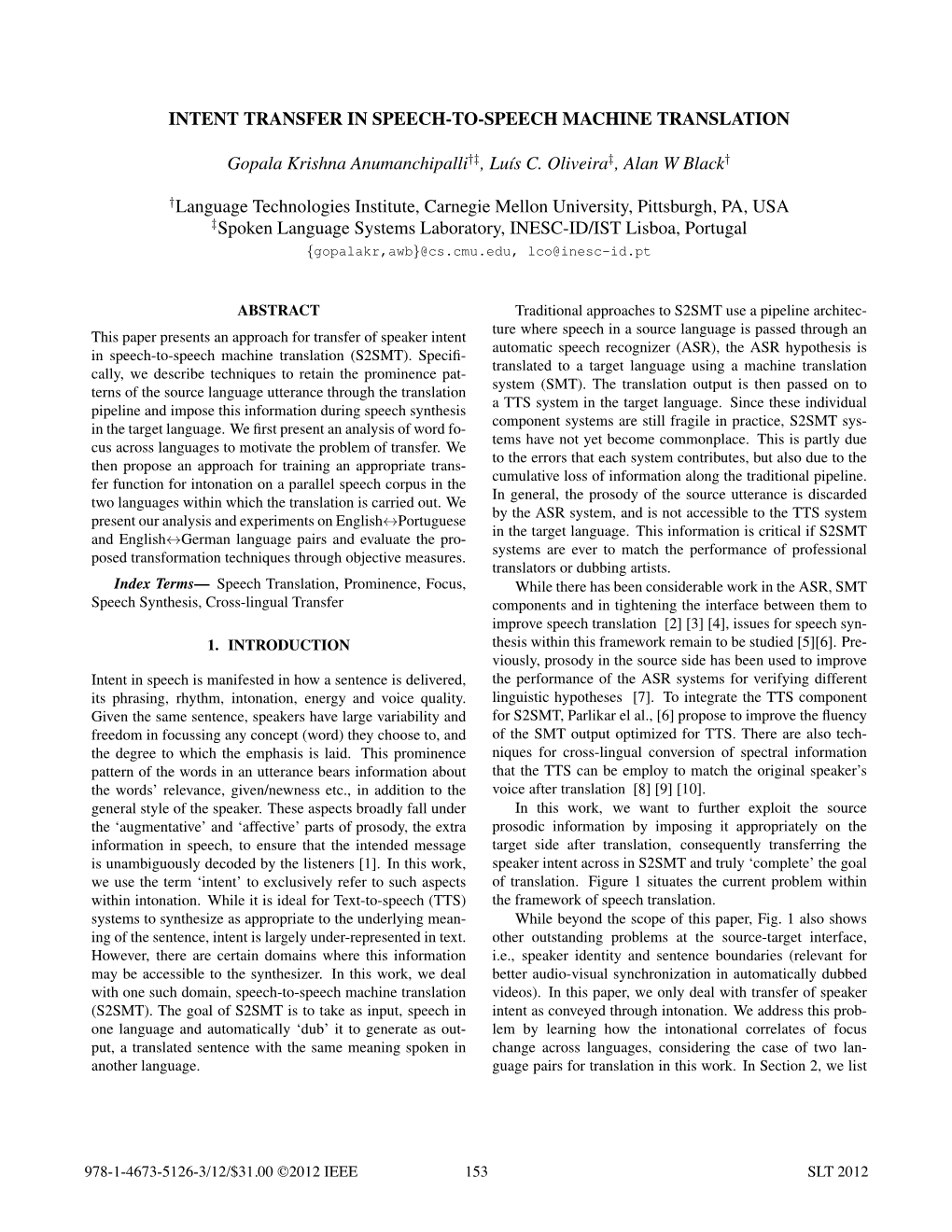 Intent Transfer in Speech-To-Speech Machine Translation