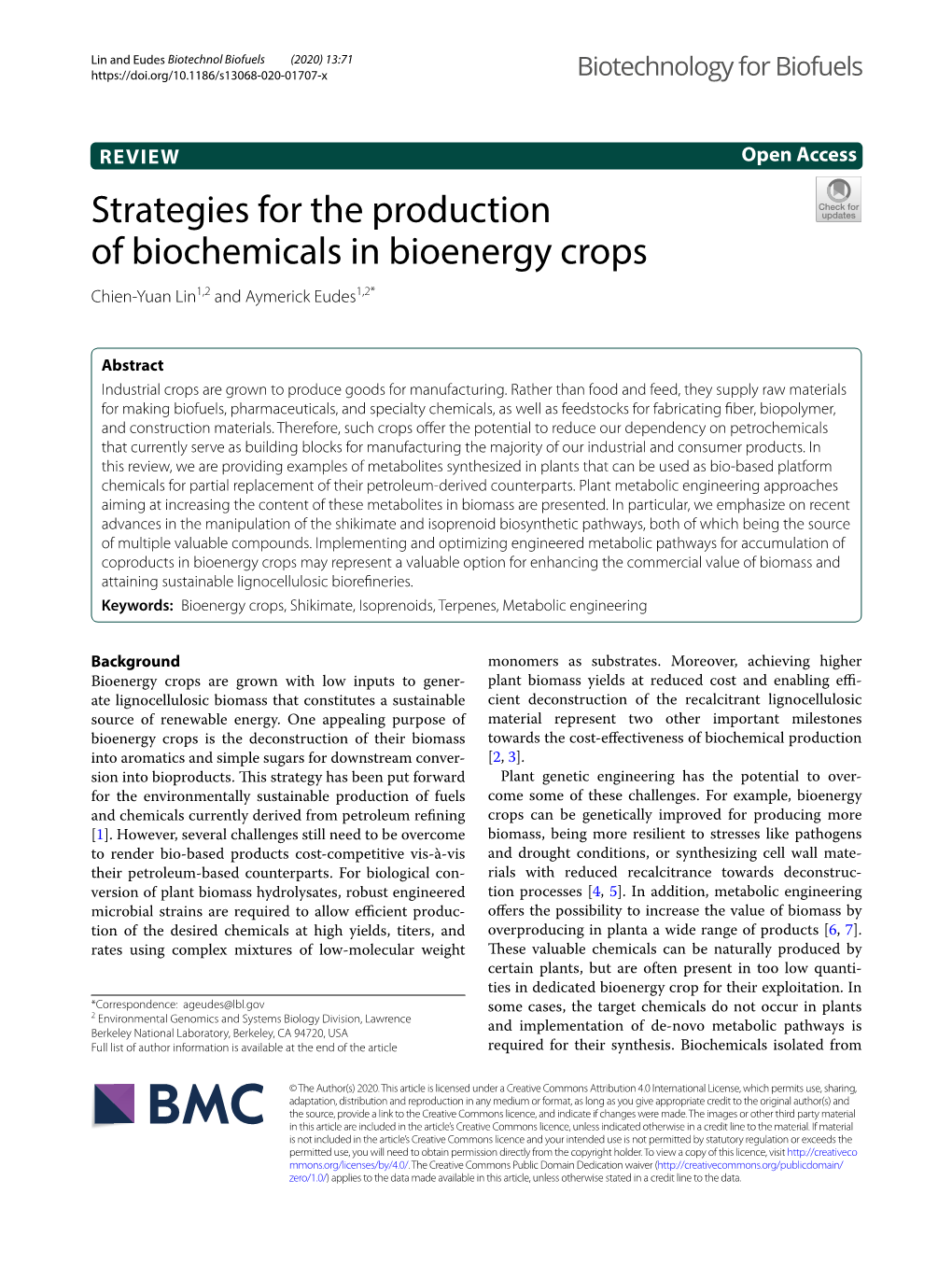 Strategies for the Production of Biochemicals in Bioenergy Crops Chien‑Yuan Lin1,2 and Aymerick Eudes1,2*