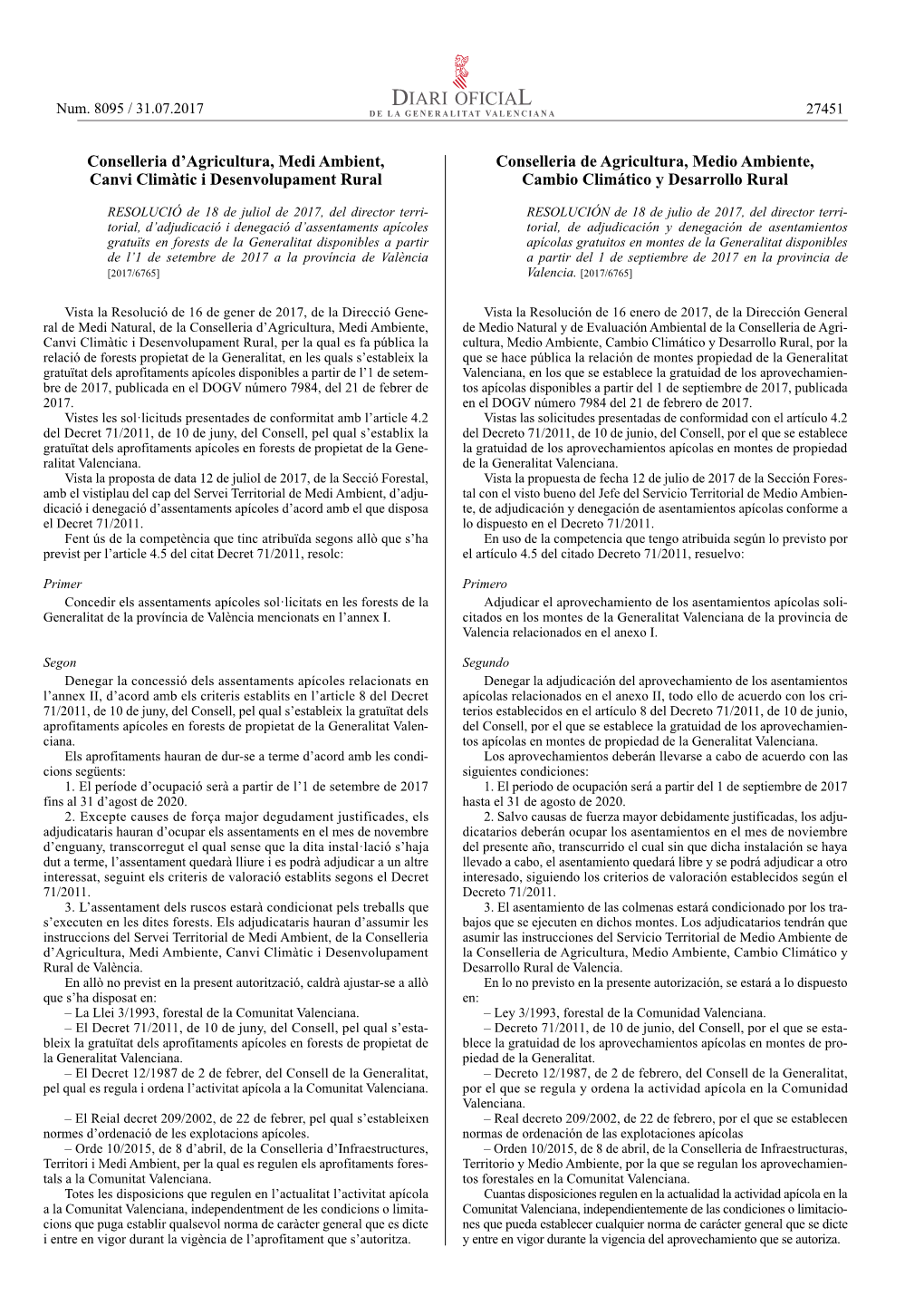 Adjudicación Y Denegación De Asentamientos Apícolas Conforme a El Decret 71/2011