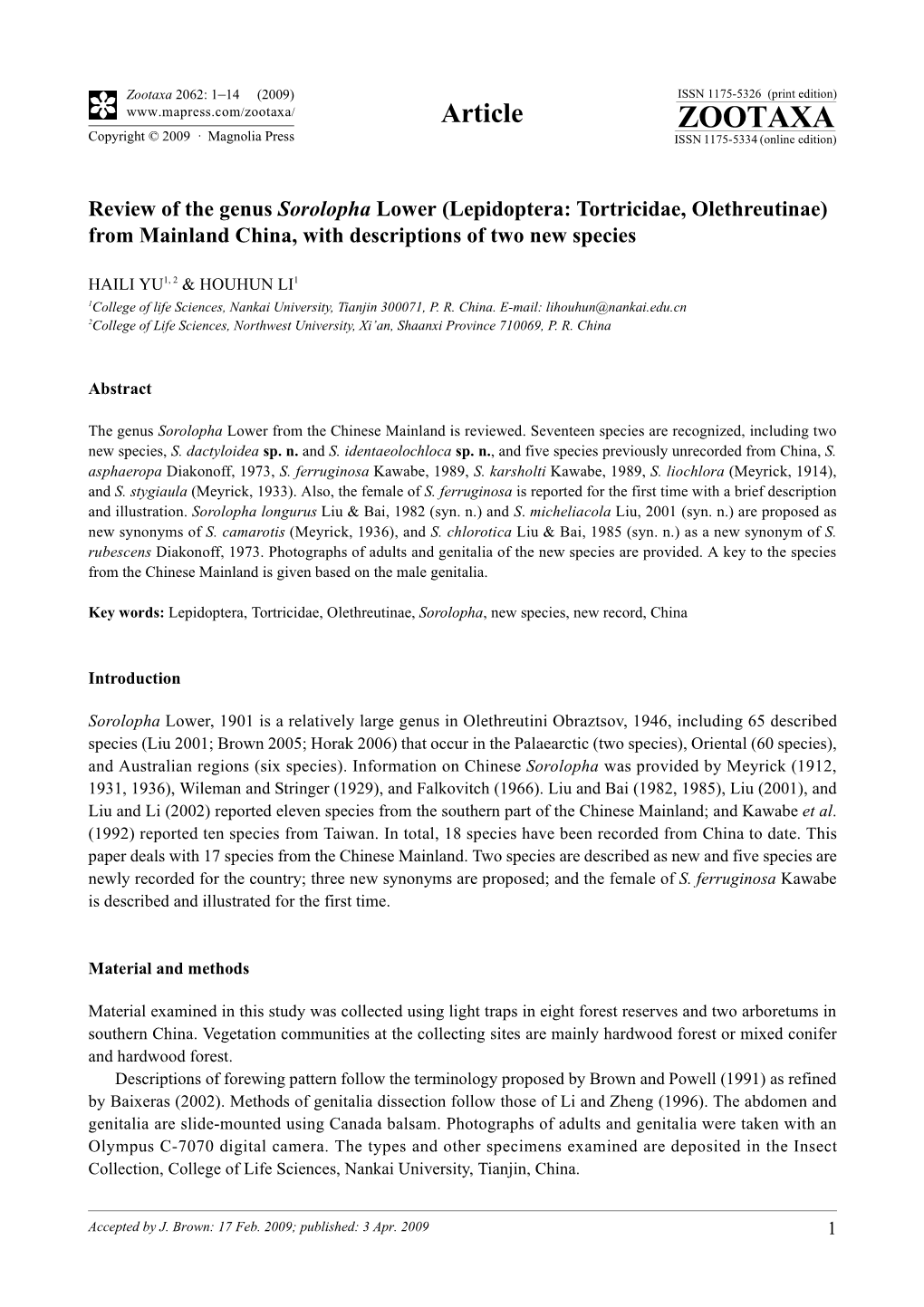 Zootaxa, Review of the Genus Sorolopha Lower (Lepidoptera