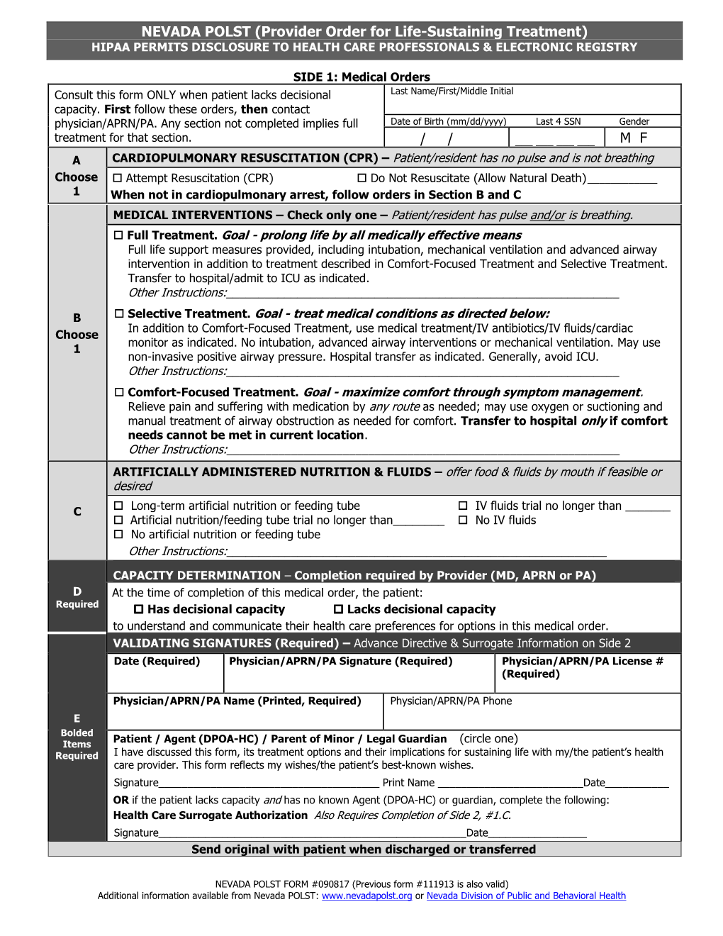 Physician Order for Life-Sustaining Treatment (POLST) Form