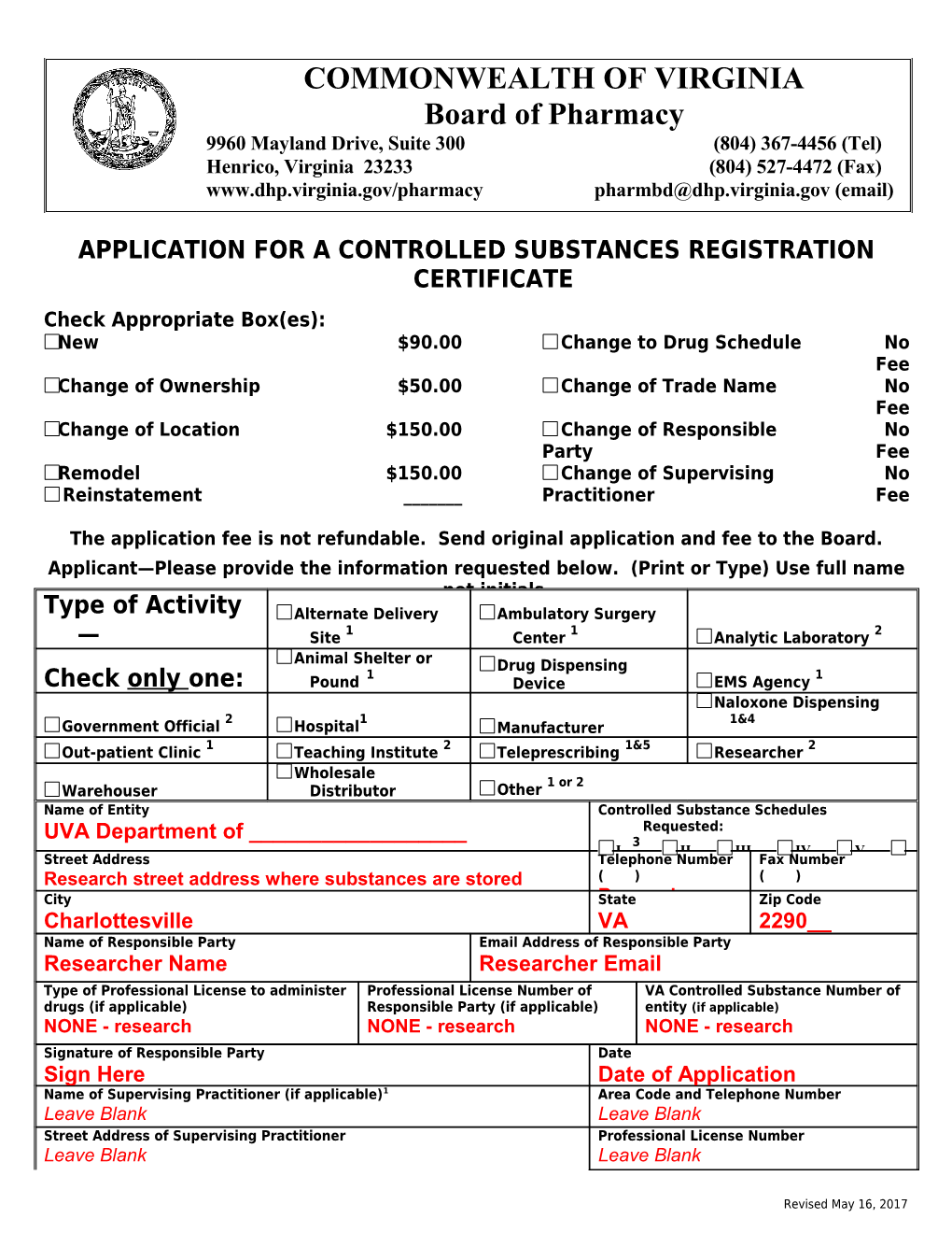 Pharmacy - Application for a Controlled Substances Registration Certificate