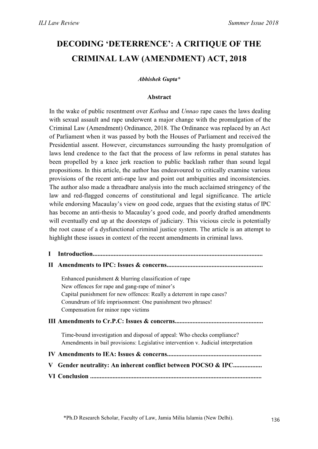 Decoding 'Deterrence': a Critique of the Criminal Law (Amendment) Act, 2018