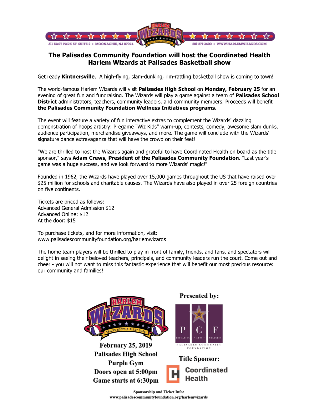 The Palisades Community Foundation Will Host the Coordinated Health Harlem Wizards at Palisades Basketball Show