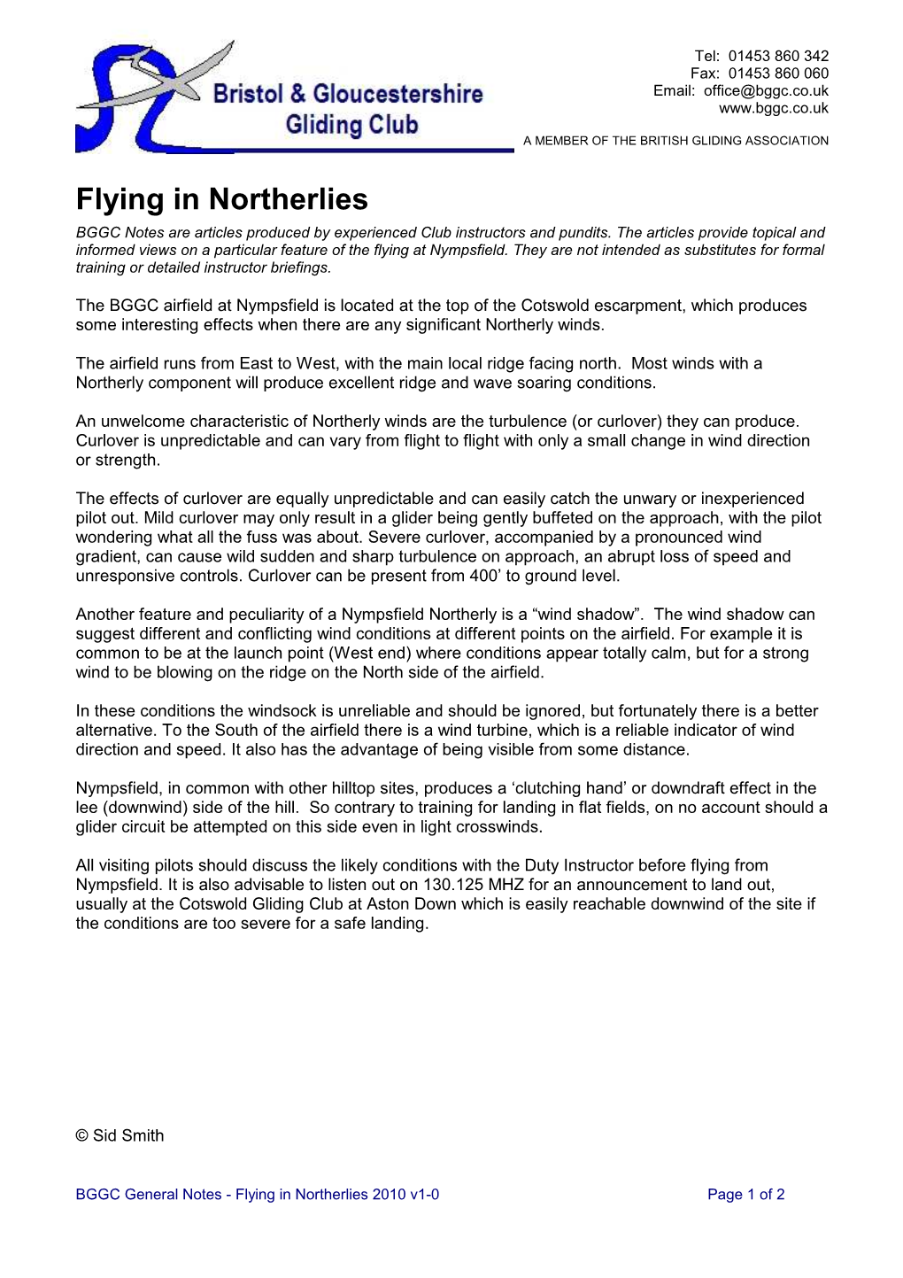 BGGC General Notes - Flying in Northerlies 2010 V1-0 Page 1 of 2