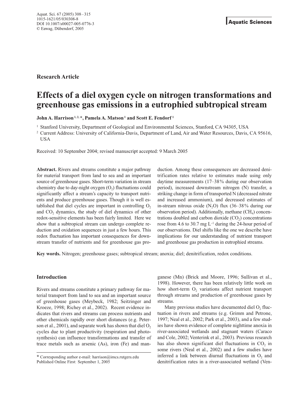 Effects of a Diel Oxygen Cycle on Nitrogen Transformations and Greenhouse Gas Emissions in a Eutrophied Subtropical Stream