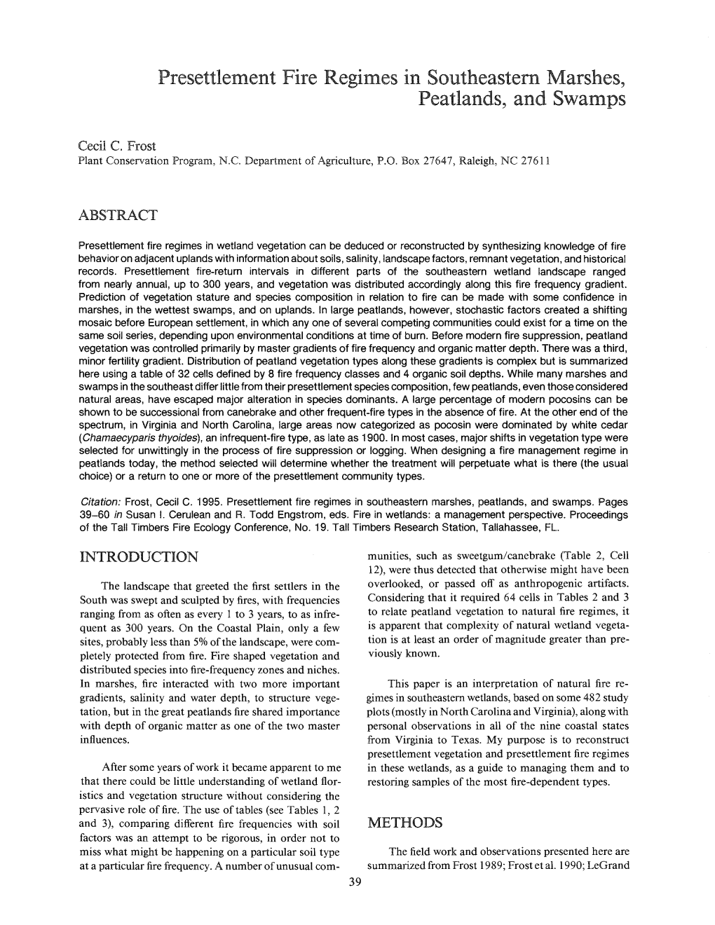 Presettlement Fire Regimes in Southeastern Marshes, Peatlands, and Swamps