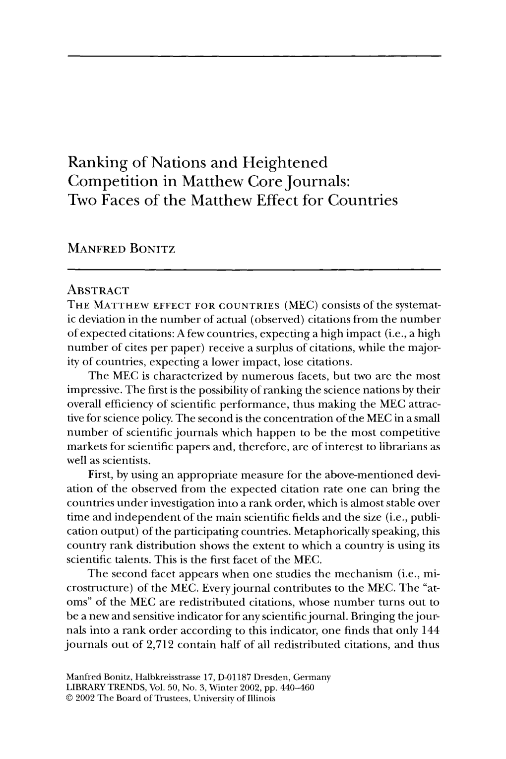 Ranking of Nations and Heightened Competition in Matthew Core Journals: Two Faces of the Matthew Effect for Countries