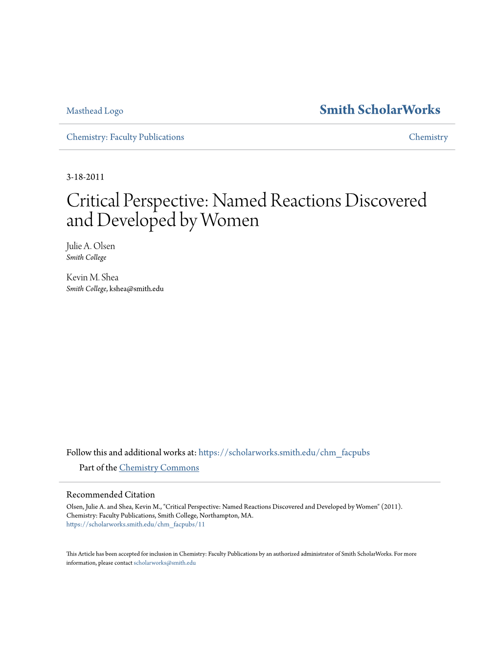 Named Reactions Discovered and Developed by Women Julie A