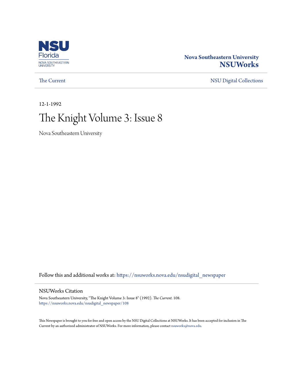 The Knight Volume 3: Issue 8 Nova Southeastern University