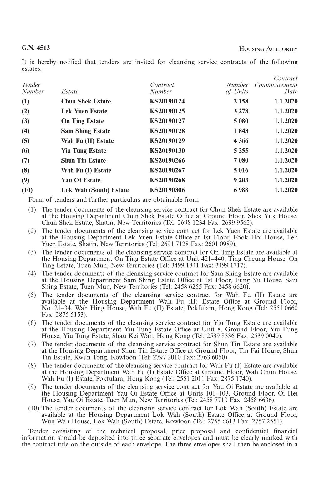 G.N. 4513 Housing Authority It Is Hereby Notified That Tenders Are