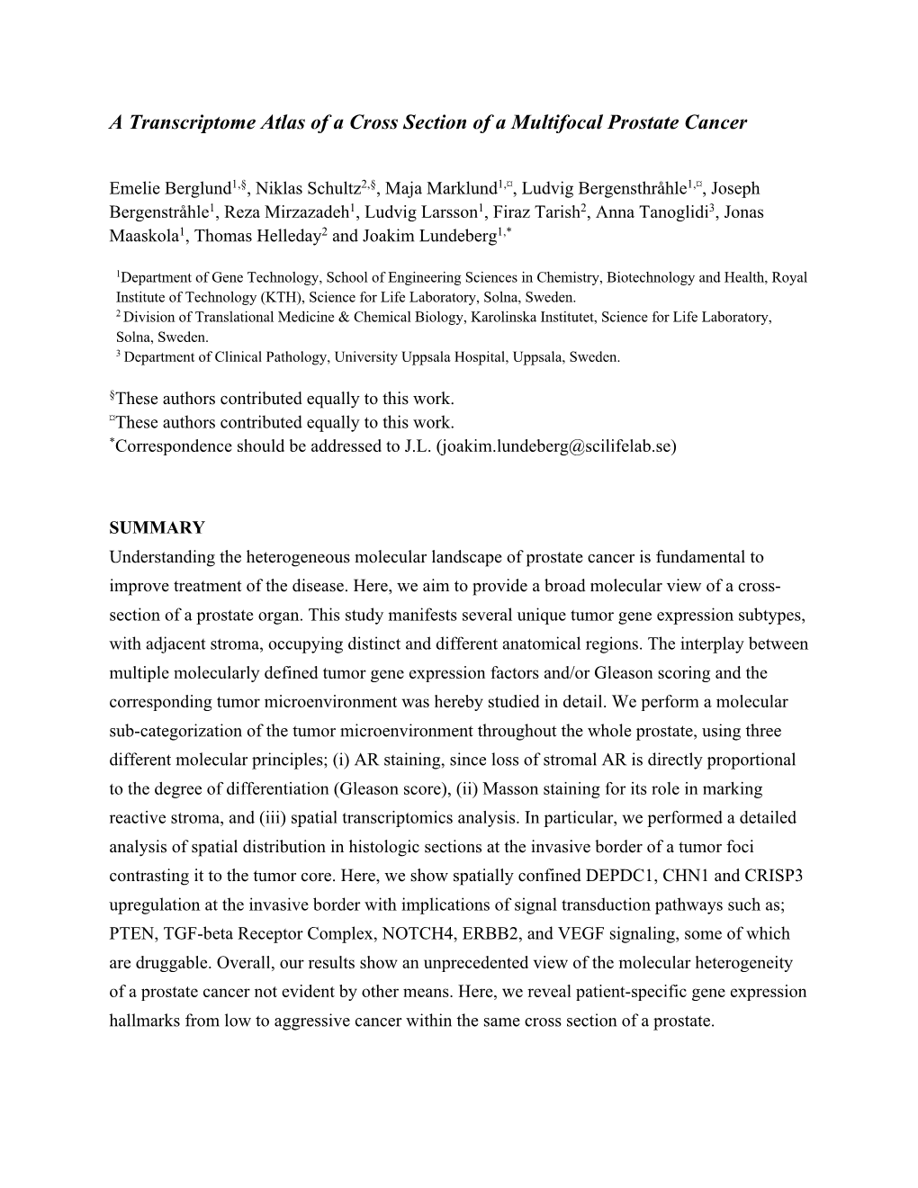 A Transcriptome Atlas of a Cross Section of a Multifocal Prostate Cancer