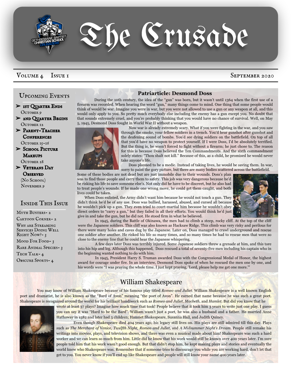 Upcoming Events Inside This Issue Volume 4 Issue 1 September 2020 William Shakespeare