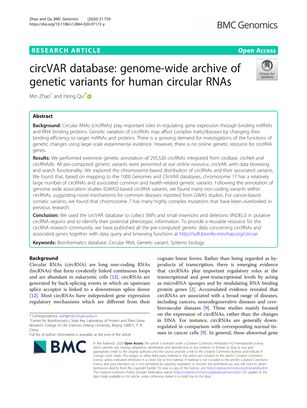 Circvar Database: Genome-Wide Archive of Genetic Variants for Human Circular Rnas Min Zhao1 and Hong Qu2*