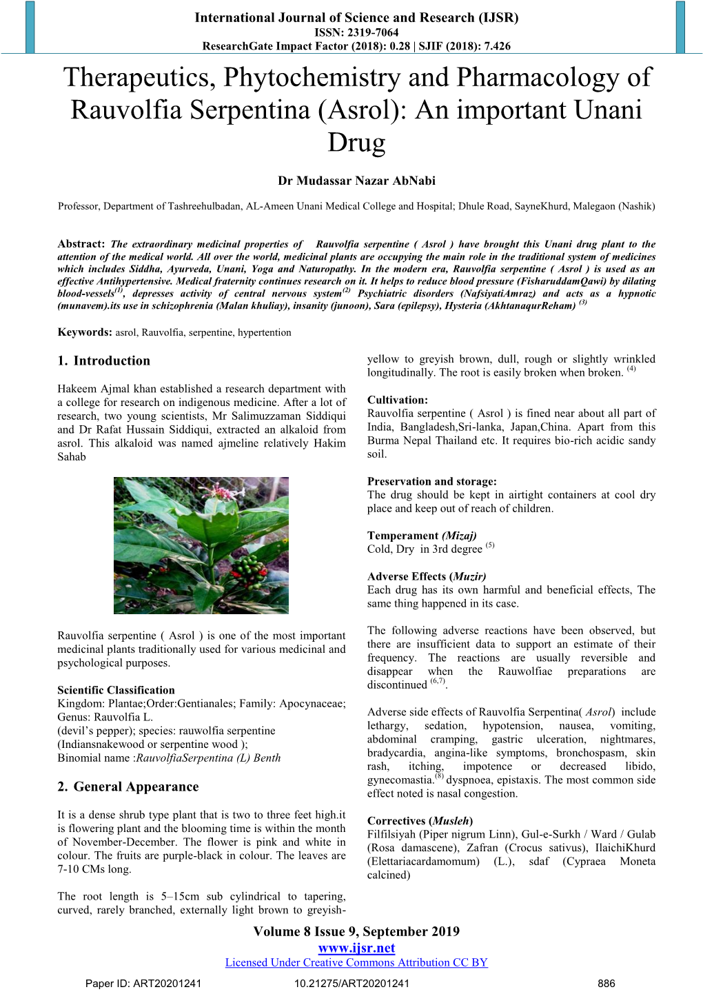 Therapeutics, Phytochemistry and Pharmacology of Rauvolfia Serpentina (Asrol): an Important Unani Drug