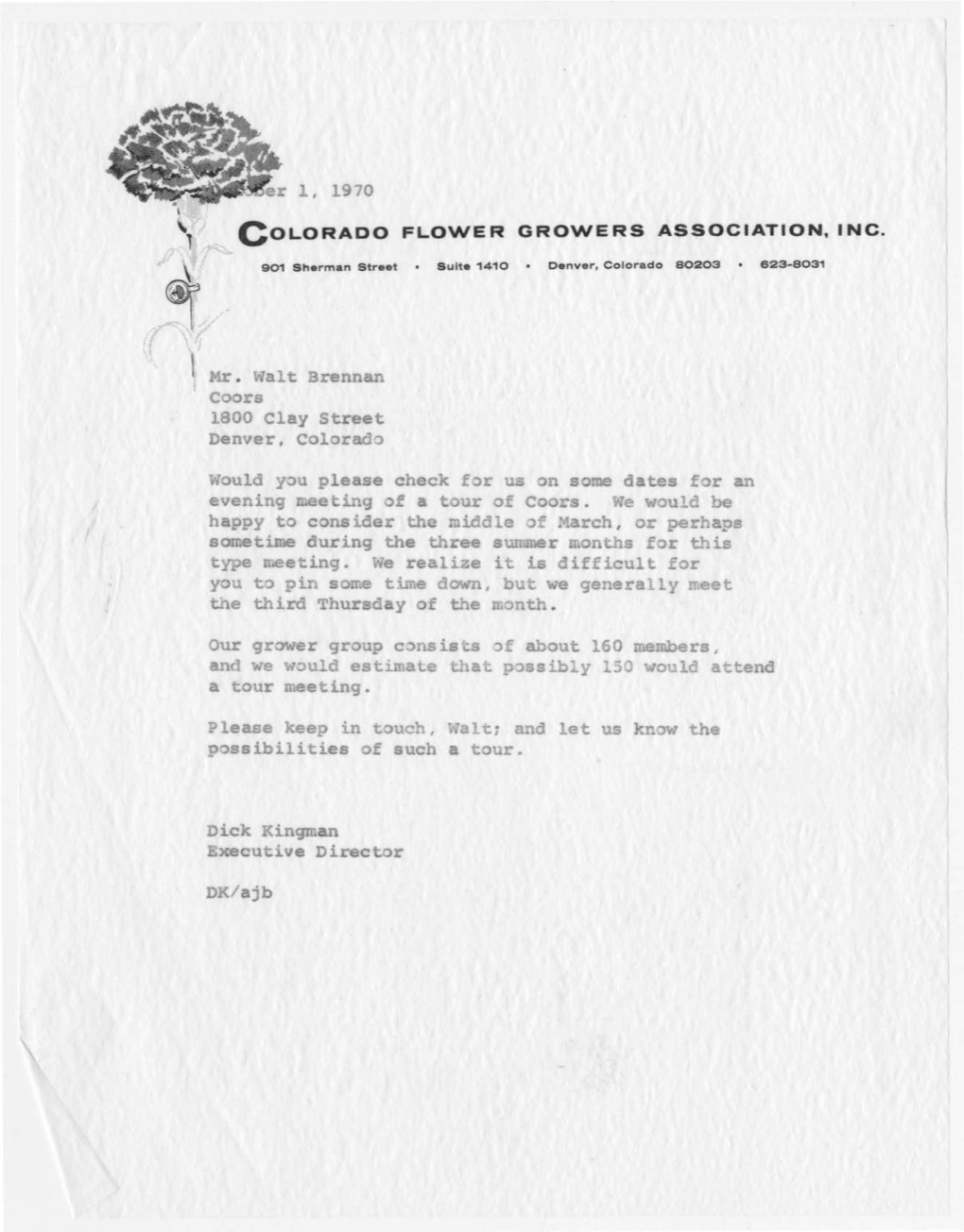 +Colorado FLOWER GROWERS ASSOCIATION, INC. 2 1 ({~ R 9O1i>1F~E Fg.In It., Ju~Pe 1410 • DENVER, COLORADO 80203 • 623-8031 Doris Fleischer Executive Secretary