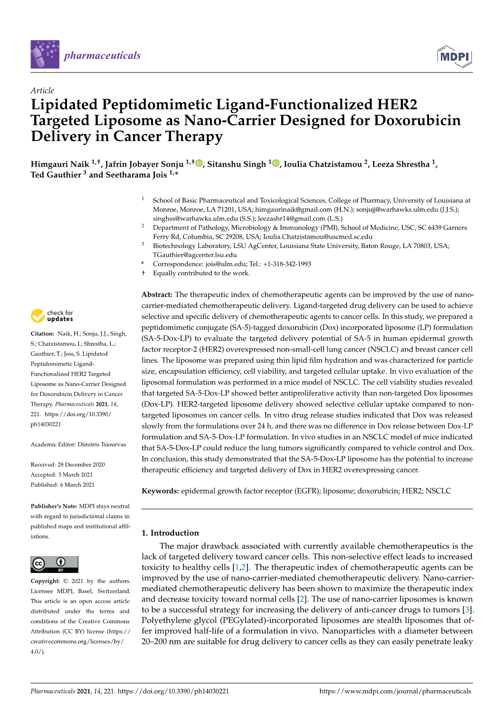 Lipidated Peptidomimetic Ligand-Functionalized HER2 Targeted Liposome As Nano-Carrier Designed for Doxorubicin Delivery in Cancer Therapy