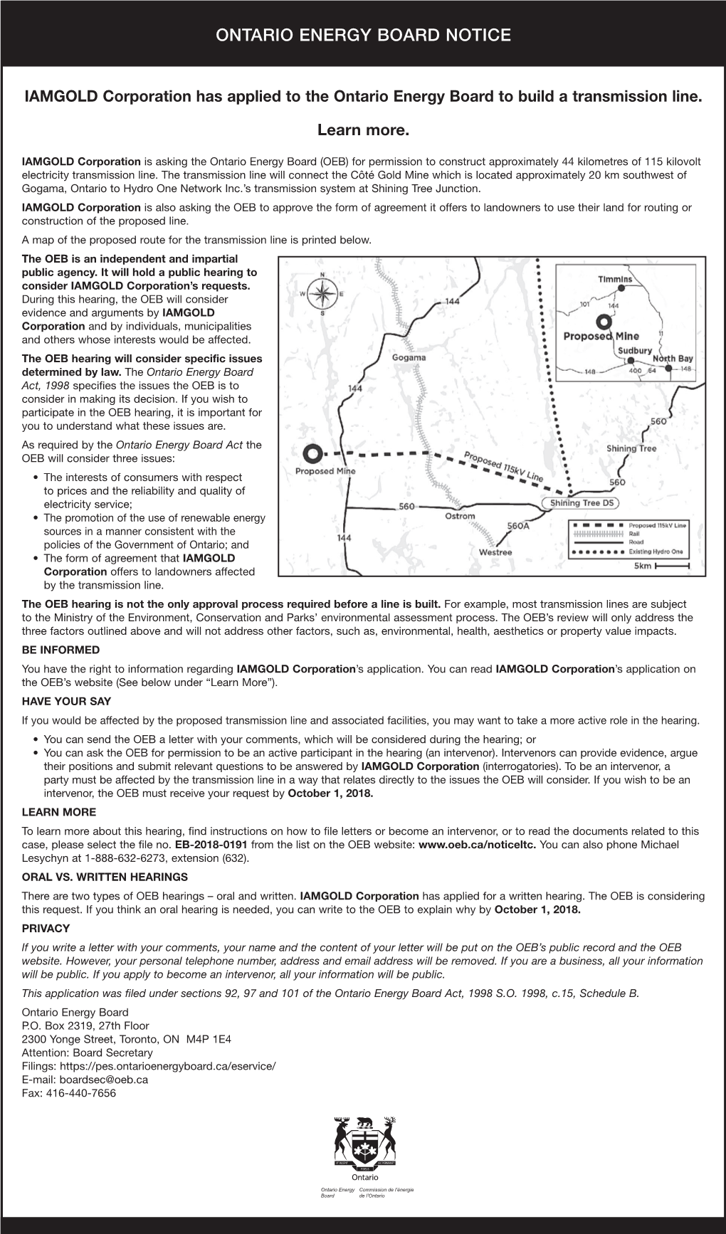 Ontario Energy Board Notice