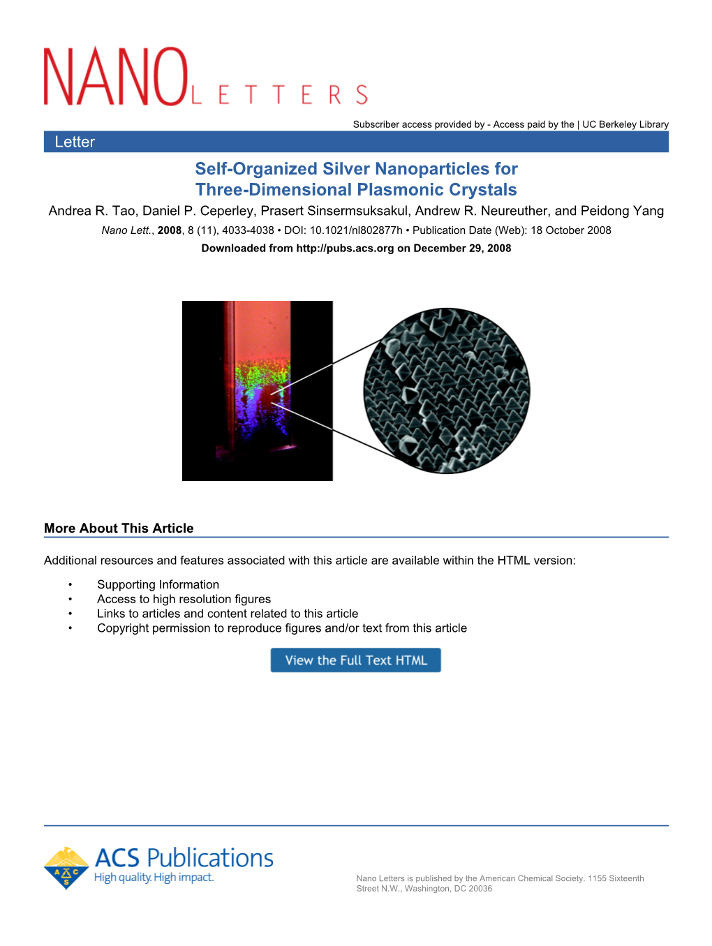 Self-Organized Silver Nanoparticles for Three-Dimensional Plasmonic Crystals Andrea R