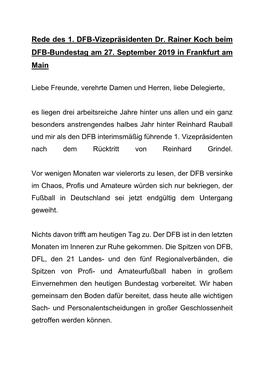 Rede Des 1. DFB-Vizepräsidenten Dr. Rainer Koch Beim DFB-Bundestag Am 27. September 2019 in Frankfurt Am Main