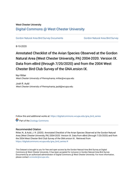 Annotated Checklist of the Avian Species Observed at the Gordon Natural Area (West Chester University, PA) 2004-2020