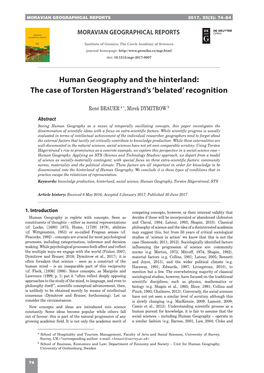 Human Geography and the Hinterland: the Case of Torsten Hägerstrand’S ‘Belated’ Recognition
