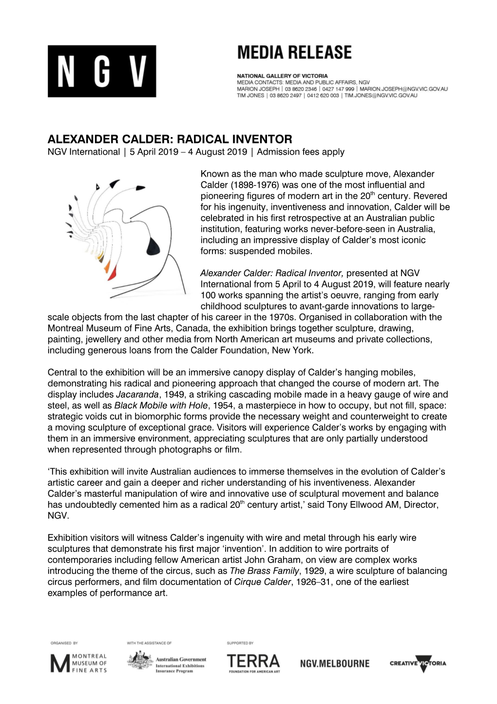 ALEXANDER CALDER: RADICAL INVENTOR NGV International | 5 April 2019 – 4 August 2019 | Admission Fees Apply