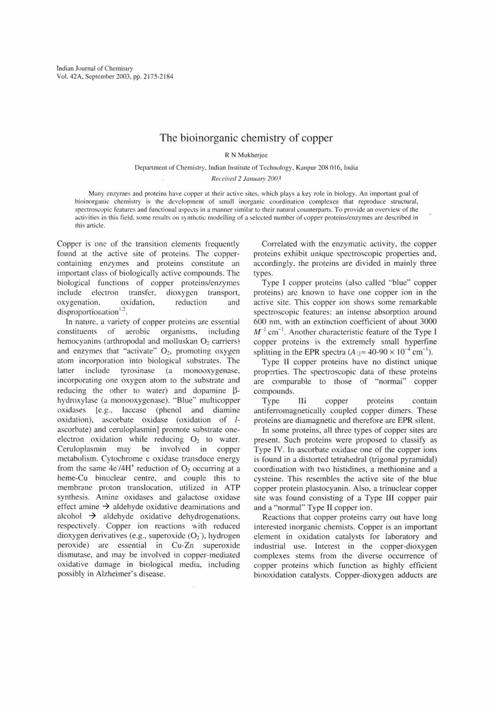 The Bioinorganic Chemistry of Copper