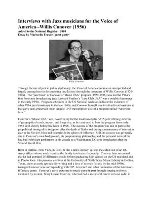 Interviews with Jazz Musicians for the Voice of America--Willis Conover (1956) Added to the National Registry: 2010 Essay by Maristella Feustle (Guest Post)*
