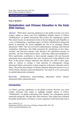 Globalization and Chinese Education in the Early 20Th Century
