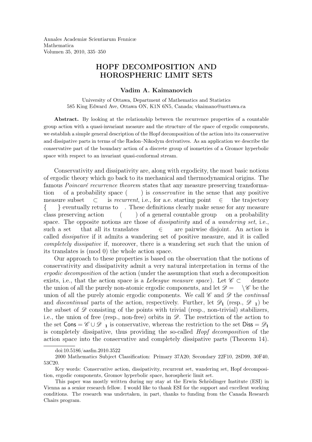 Hopf Decomposition and Horospheric Limit Sets