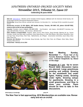 SOUTHERN ONTARIO ORCHID SOCIETY NEWS November 2015, Volume 50, Issue 10 Celebrating 50 Years SOOS