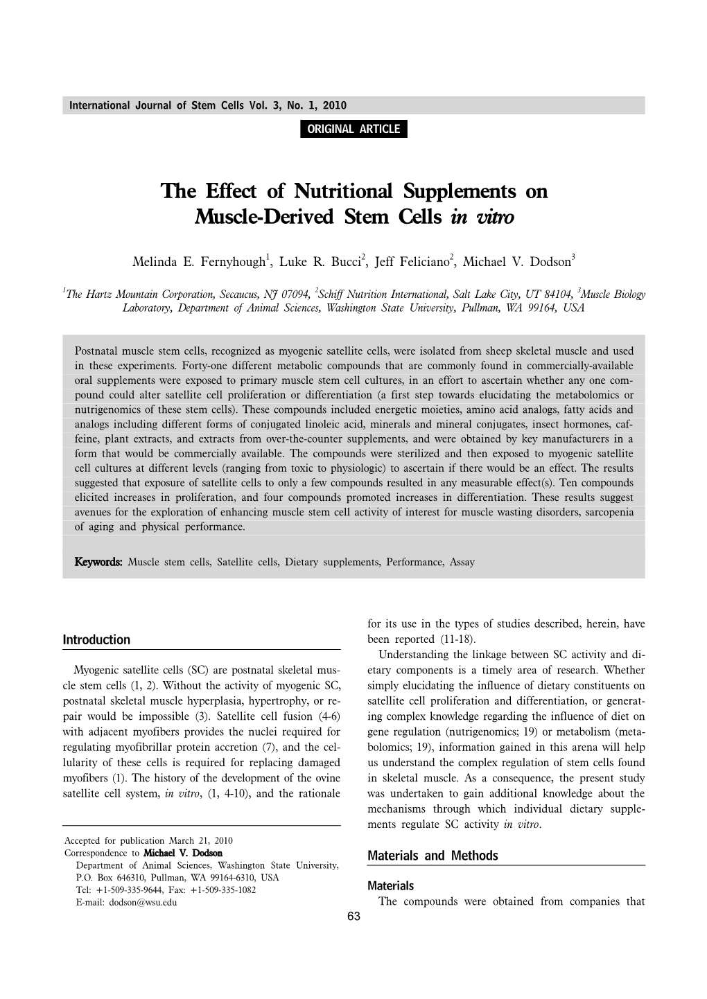 The Effect of Nutritional Supplements on Muscle-Derived Stem Cells in Vitro