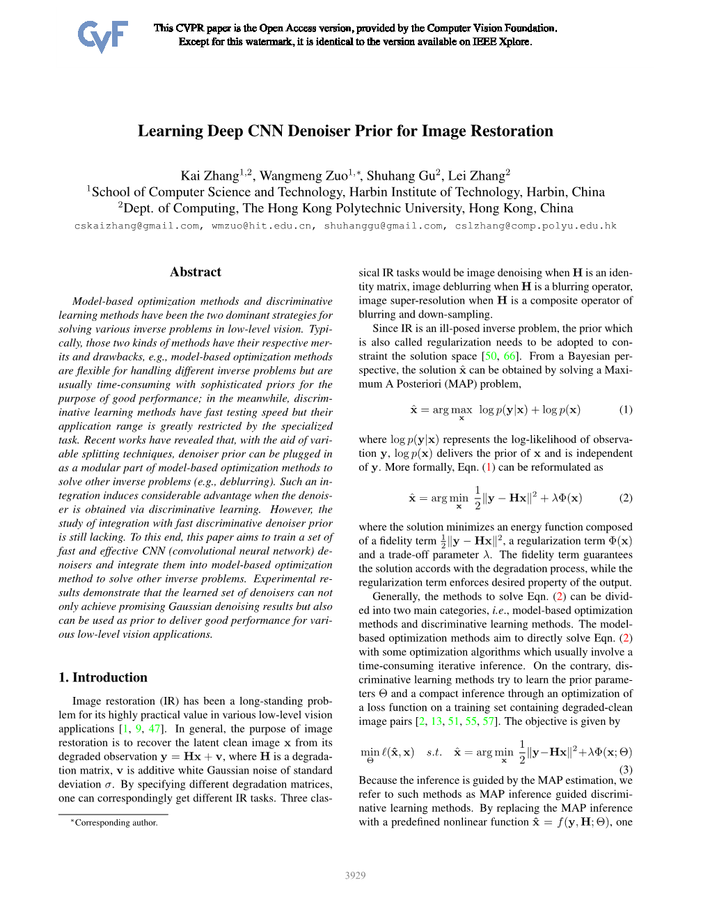 Learning Deep CNN Denoiser Prior for Image Restoration