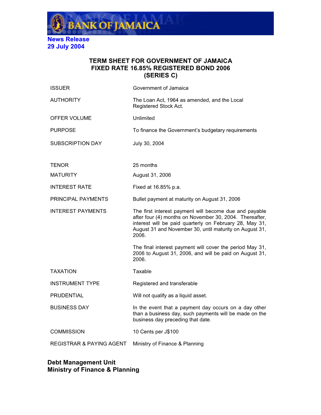 Term Sheet for Government of Jamaica