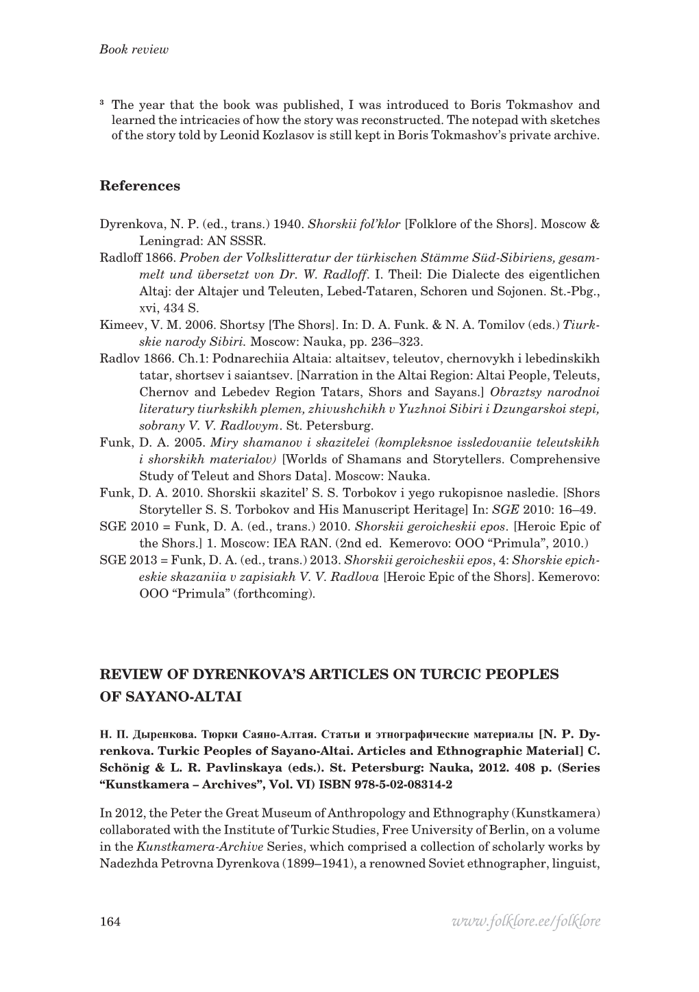 Review of Dyrenkova's Articles on Turcic Peoples of Sayano-Altai
