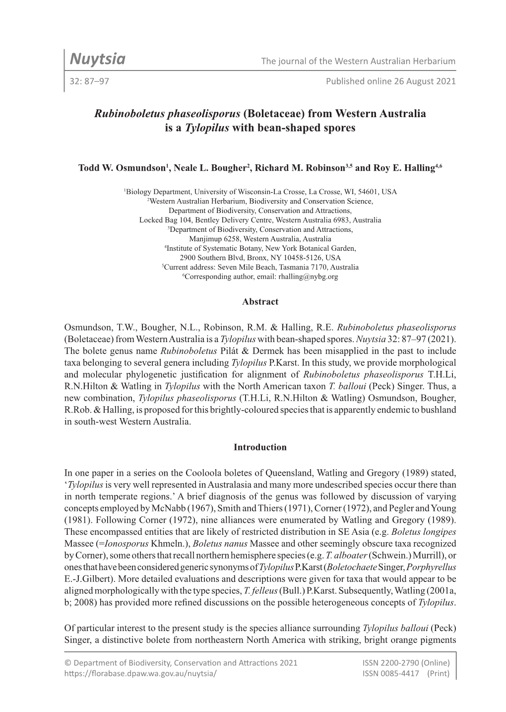 Nuytsia the Journal of the Western Australian Herbarium 32: 87–97 Published Online 26 August 2021