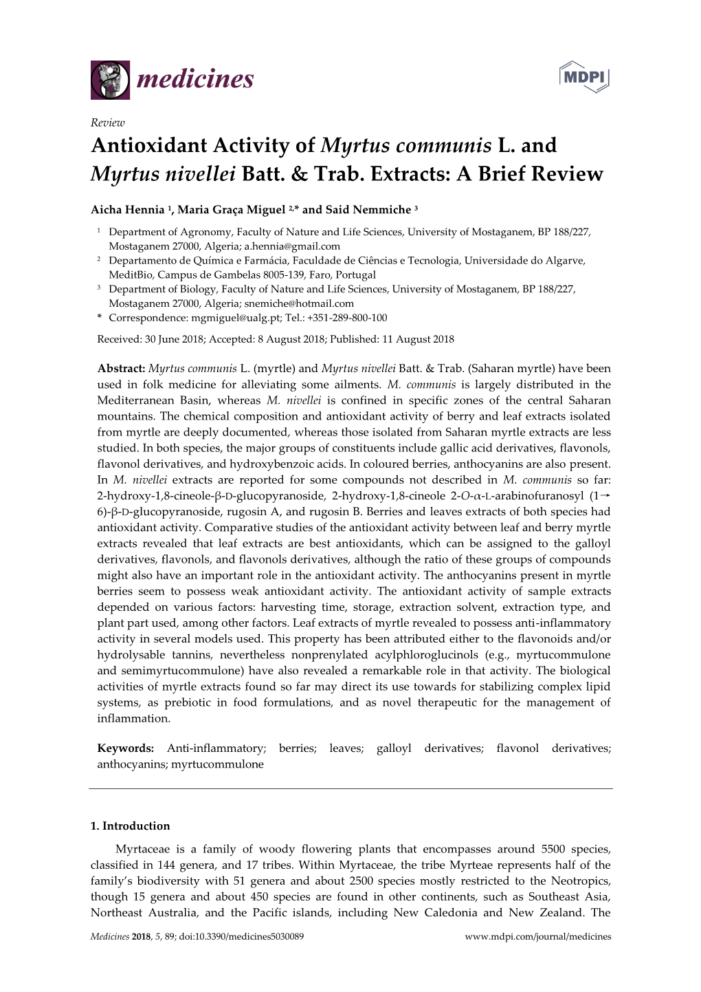 Antioxidant Activity of Myrtus Communis L. and Myrtus Nivellei Batt. & Trab. Extracts: a Brief Review